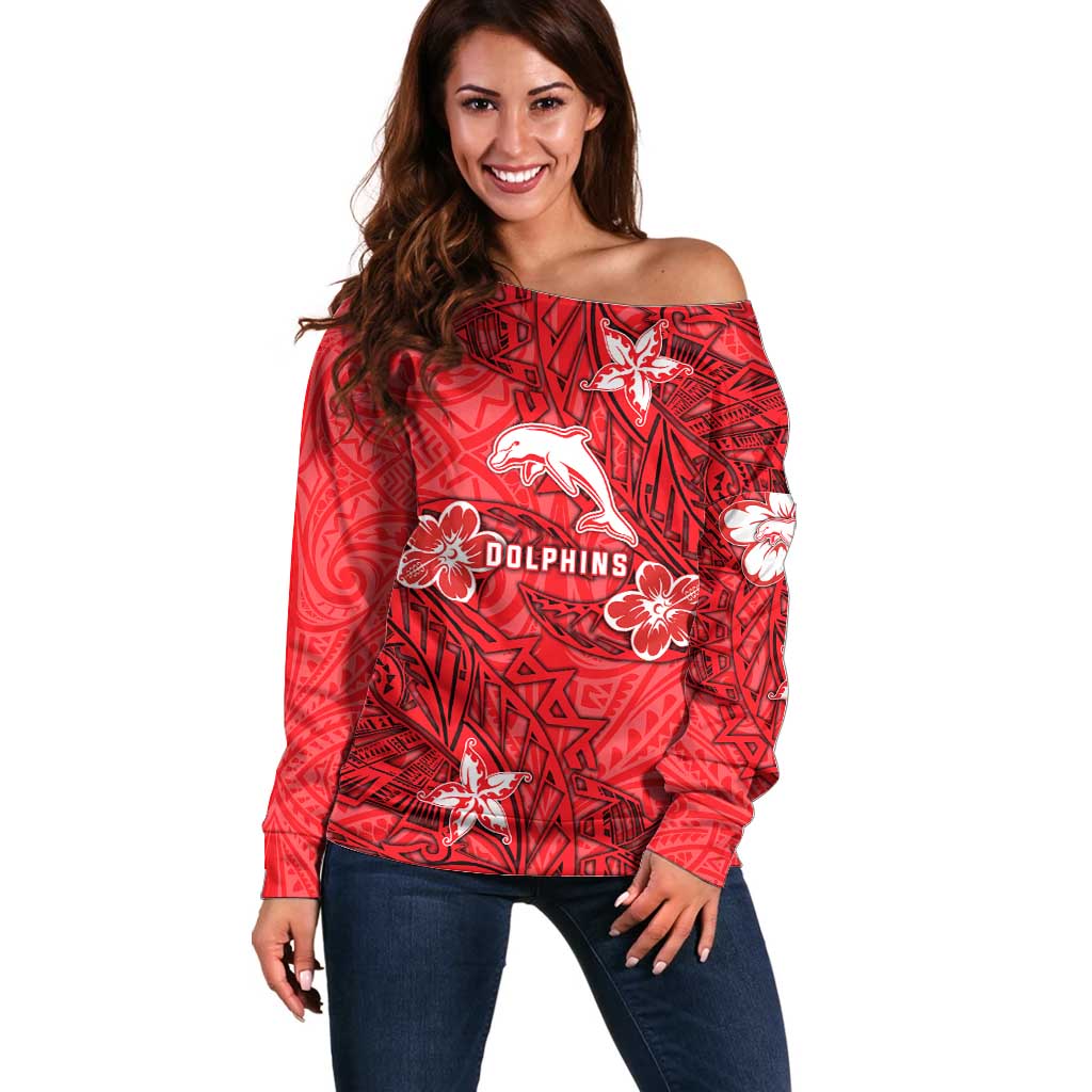Personalised Dolphins Off Shoulder Sweater Polynesian Tribal Pattern With Rugby Dolphin Mascot Art