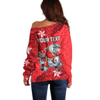 Personalised Dolphins Off Shoulder Sweater Polynesian Tribal Pattern With Rugby Dolphin Mascot Art