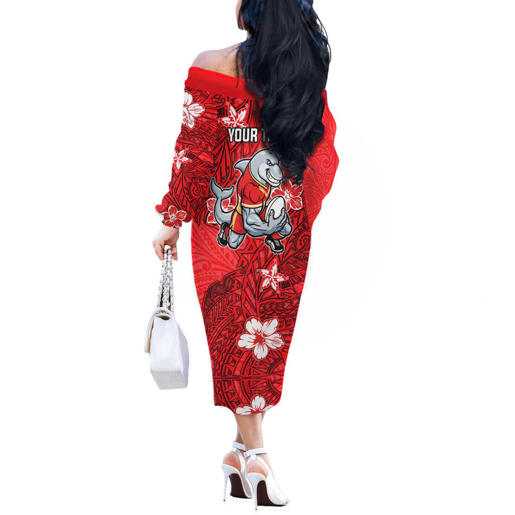 Personalised Dolphins Off The Shoulder Long Sleeve Dress Polynesian Tribal Pattern With Rugby Dolphin Mascot Art