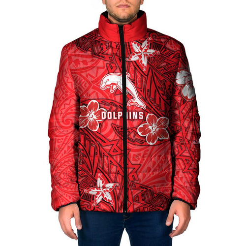 Personalised Dolphins Padded Jacket Polynesian Tribal Pattern With Rugby Dolphin Mascot Art