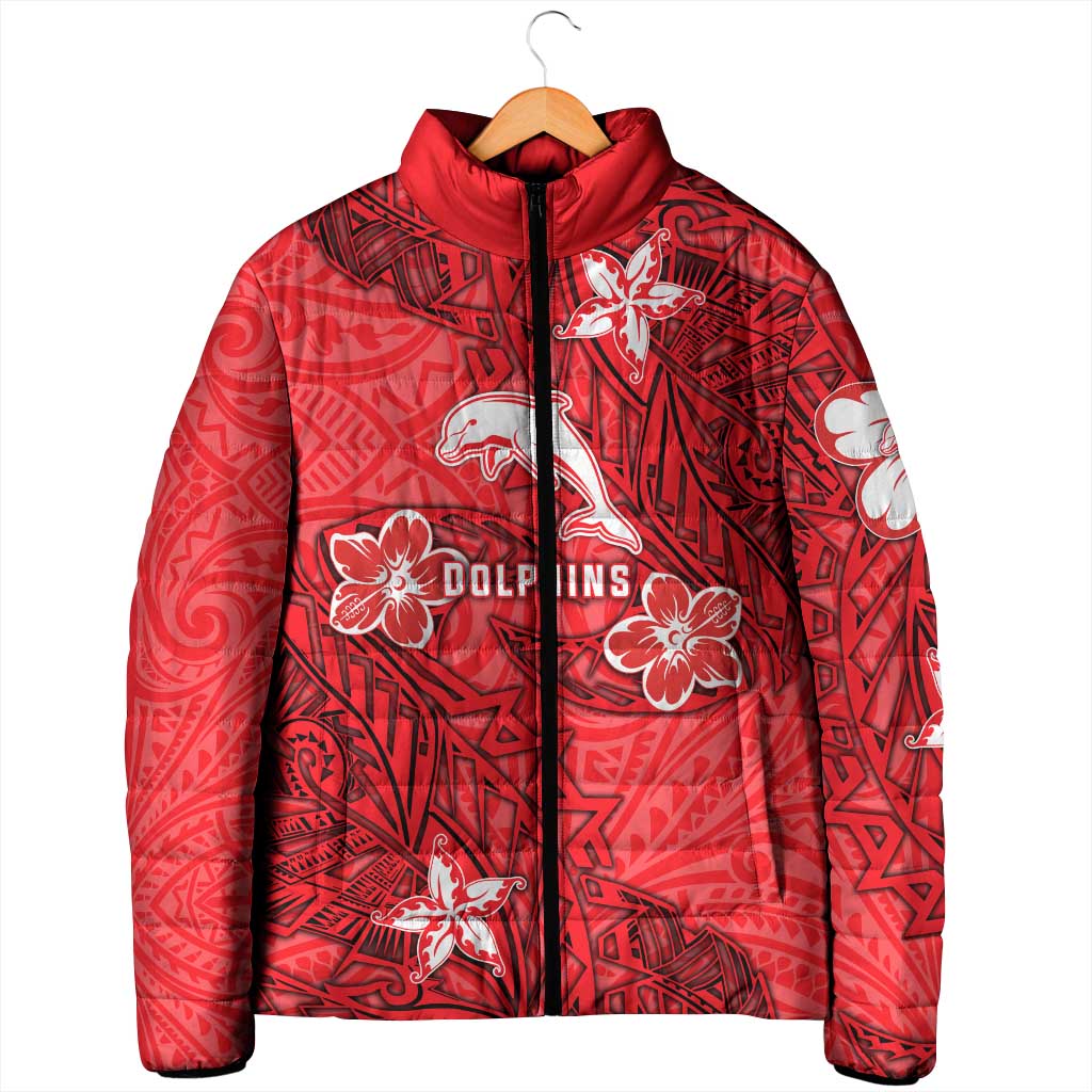 Personalised Dolphins Padded Jacket Polynesian Tribal Pattern With Rugby Dolphin Mascot Art