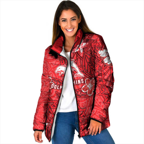 Personalised Dolphins Padded Jacket Polynesian Tribal Pattern With Rugby Dolphin Mascot Art