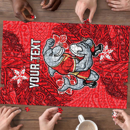 Personalised Dolphins Puzzle Polynesian Tribal Pattern With Rugby Dolphin Mascot Art