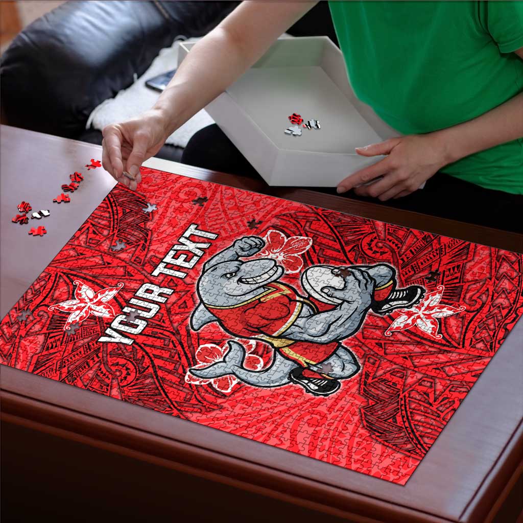 Personalised Dolphins Puzzle Polynesian Tribal Pattern With Rugby Dolphin Mascot Art