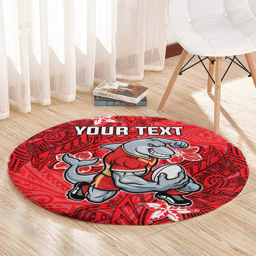 Personalised Dolphins Round Carpet Polynesian Tribal Pattern With Rugby Dolphin Mascot Art