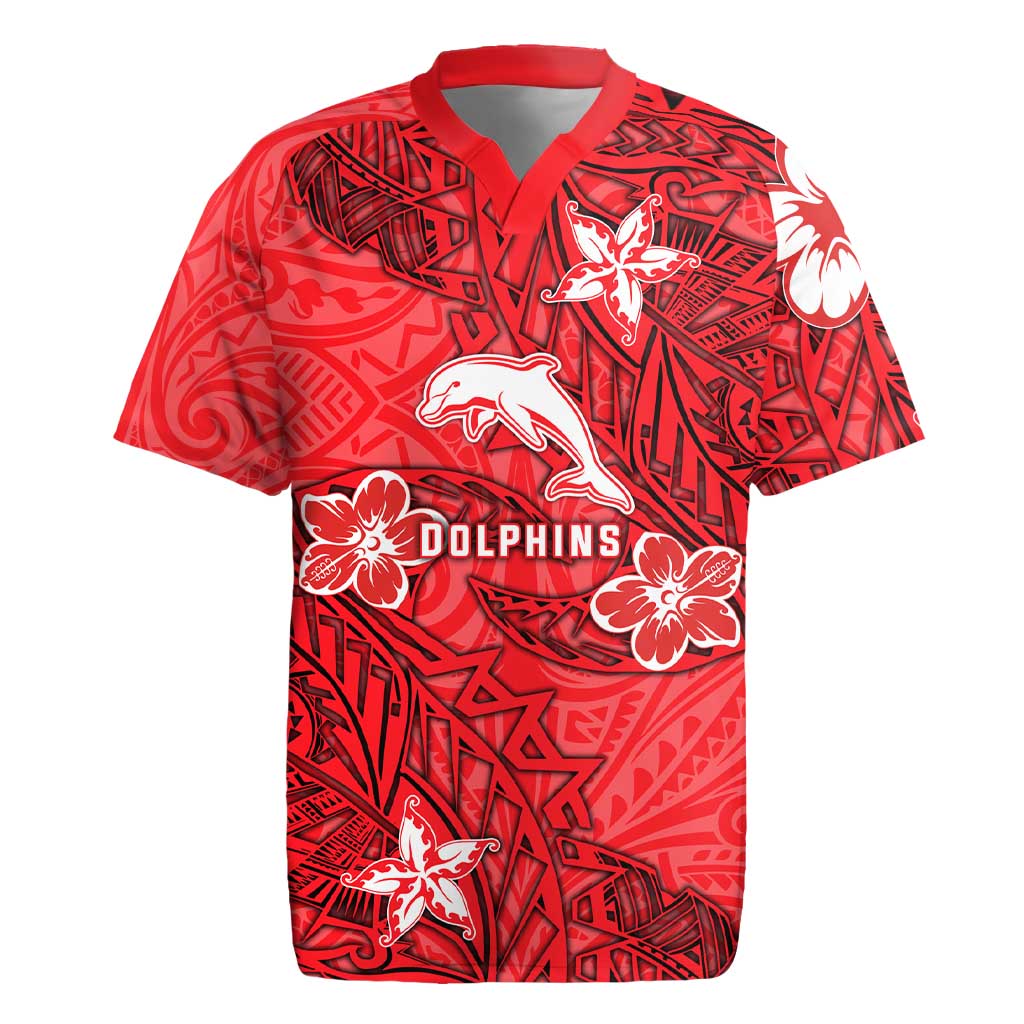 Personalised Dolphins Rugby Jersey Polynesian Tribal Pattern With Rugby Dolphin Mascot Art