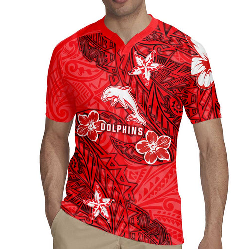 Personalised Dolphins Rugby Jersey Polynesian Tribal Pattern With Rugby Dolphin Mascot Art