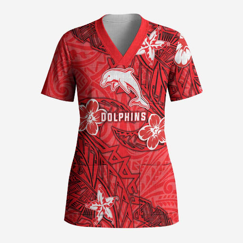 Personalised Dolphins Scrub Top Polynesian Tribal Pattern With Rugby Dolphin Mascot Art