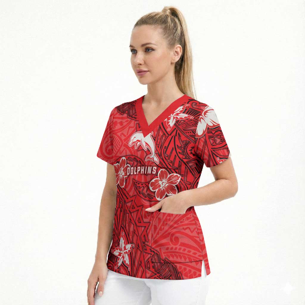 Personalised Dolphins Scrub Top Polynesian Tribal Pattern With Rugby Dolphin Mascot Art