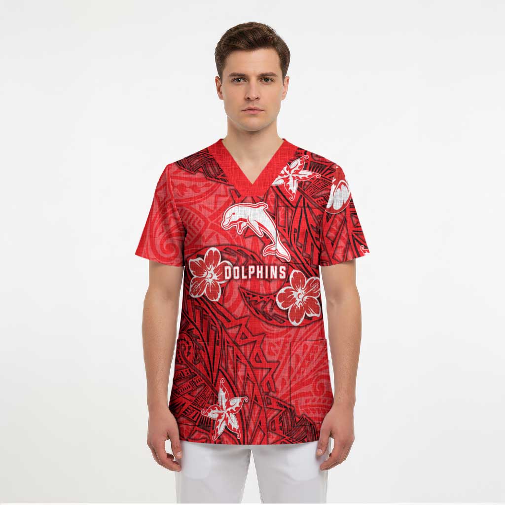 Personalised Dolphins Scrub Top Polynesian Tribal Pattern With Rugby Dolphin Mascot Art