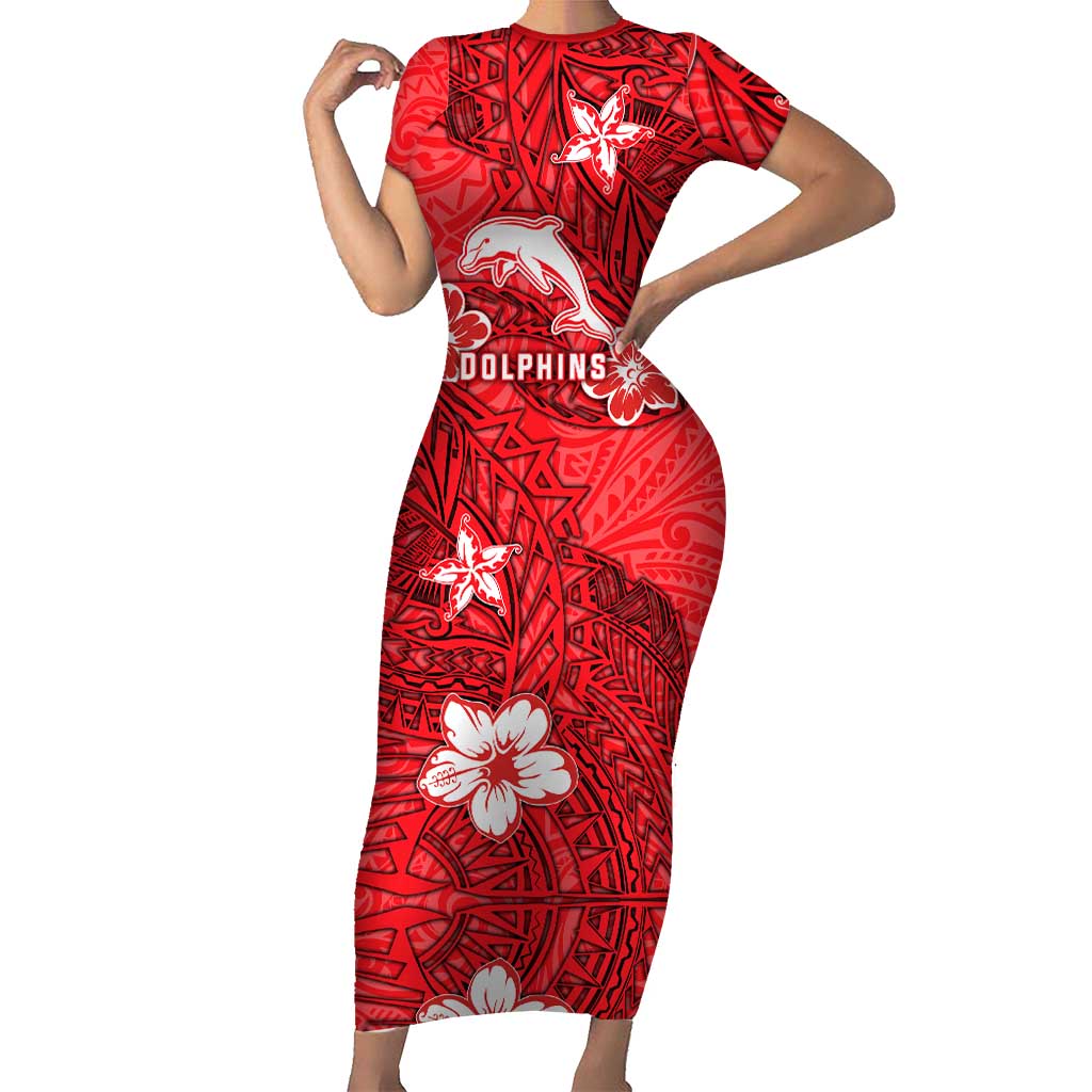 Personalised Dolphins Short Sleeve Bodycon Dress Polynesian Tribal Pattern With Rugby Dolphin Mascot Art