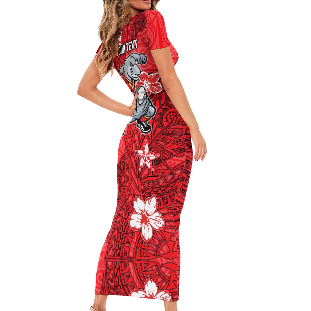 Personalised Dolphins Short Sleeve Bodycon Dress Polynesian Tribal Pattern With Rugby Dolphin Mascot Art