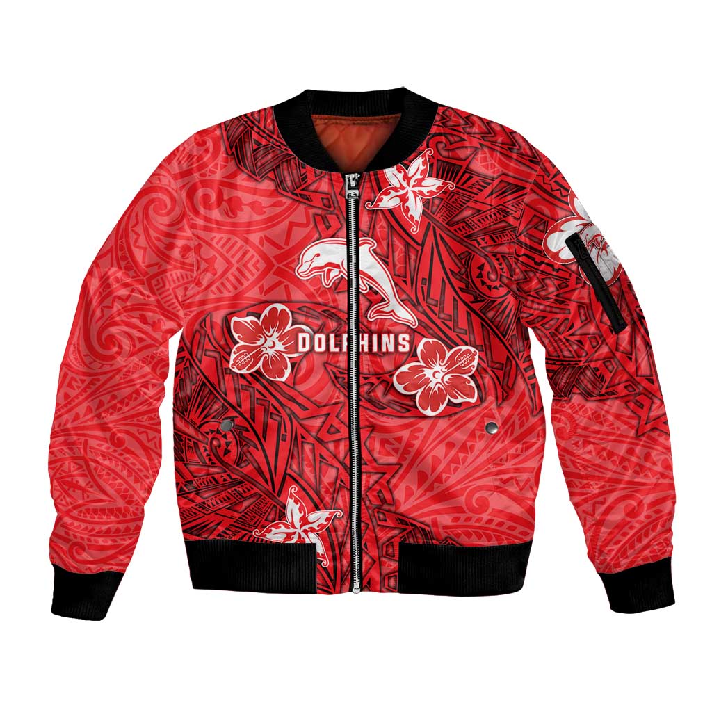 Personalised Dolphins Sleeve Zip Bomber Jacket Polynesian Tribal Pattern With Rugby Dolphin Mascot Art