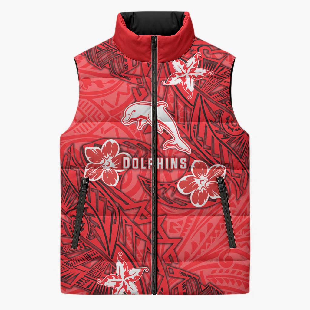 Personalised Dolphins Sleeveless Puffer Jacket Polynesian Tribal Pattern With Rugby Dolphin Mascot Art