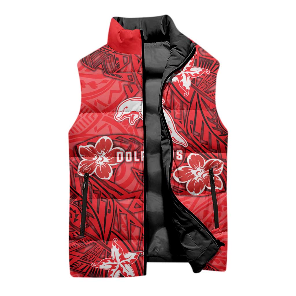 Personalised Dolphins Sleeveless Puffer Jacket Polynesian Tribal Pattern With Rugby Dolphin Mascot Art