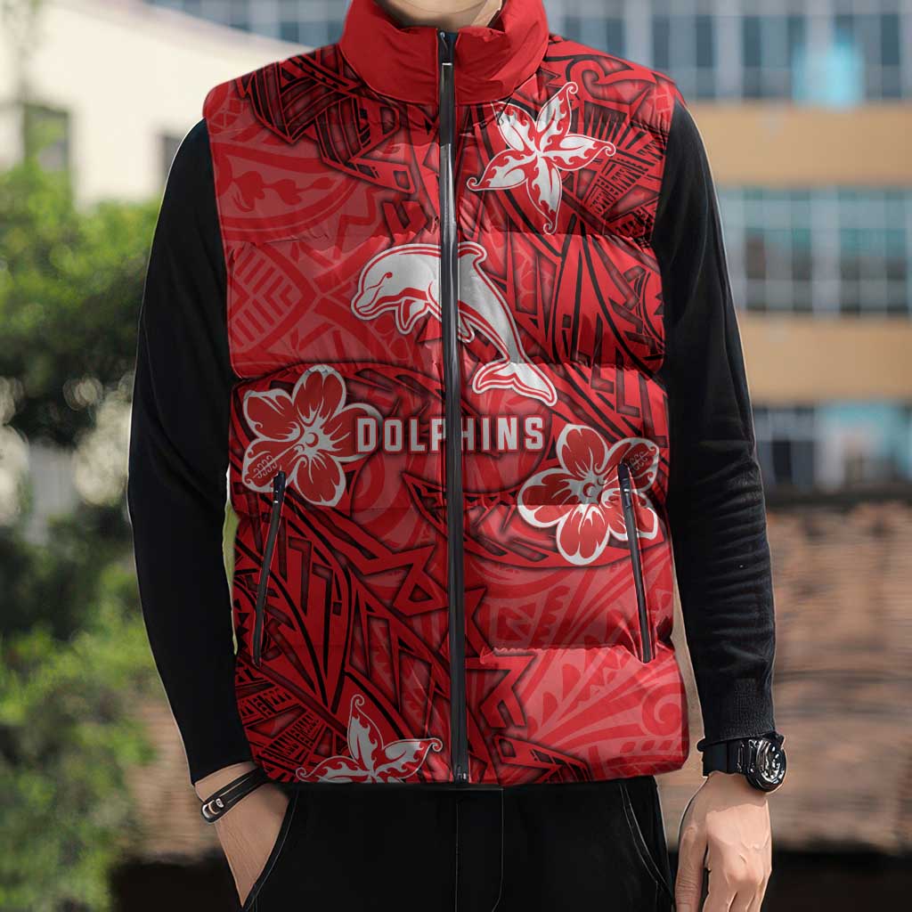 Personalised Dolphins Sleeveless Puffer Jacket Polynesian Tribal Pattern With Rugby Dolphin Mascot Art