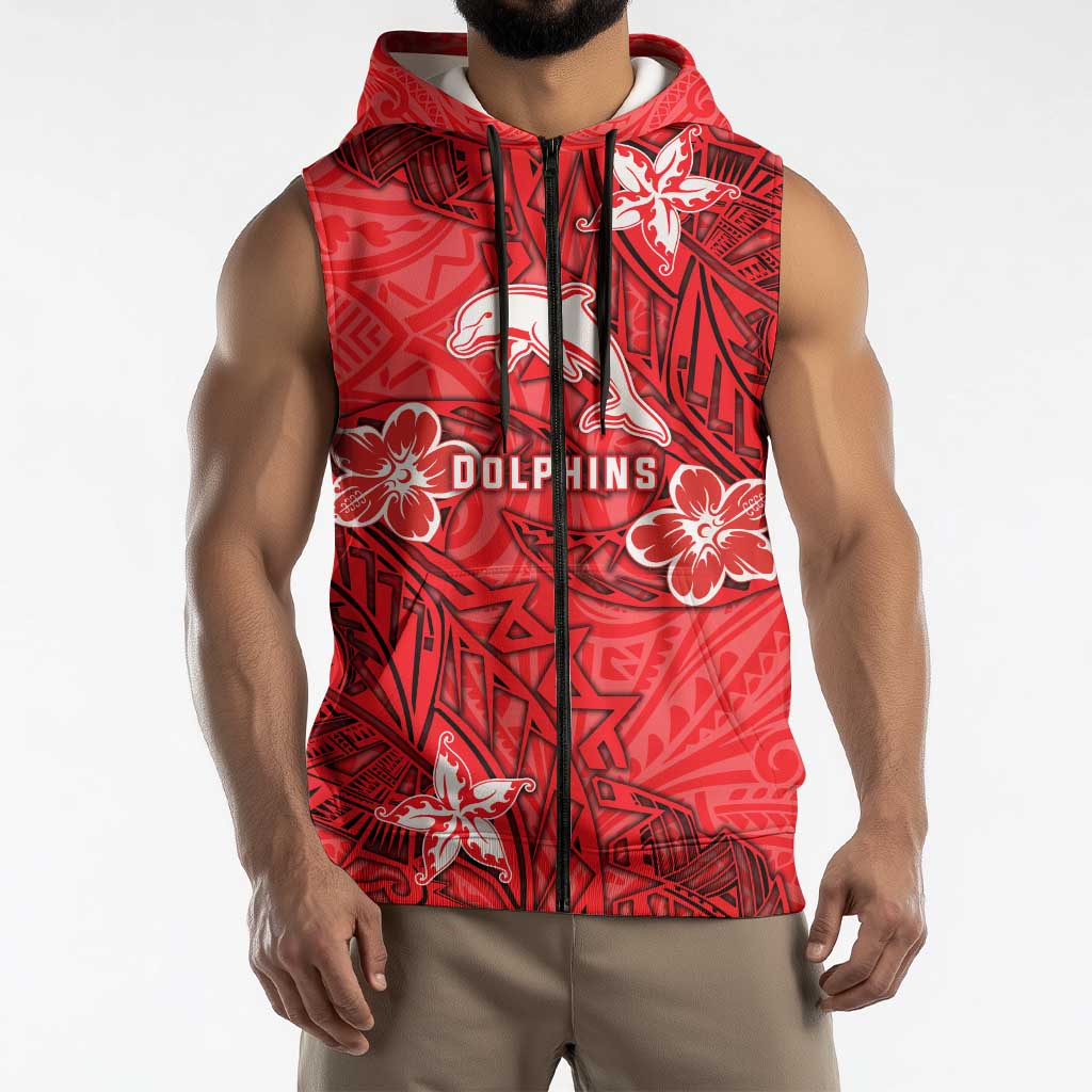 Personalised Dolphins Sleeveless Zip Hoodie Polynesian Tribal Pattern With Rugby Dolphin Mascot Art