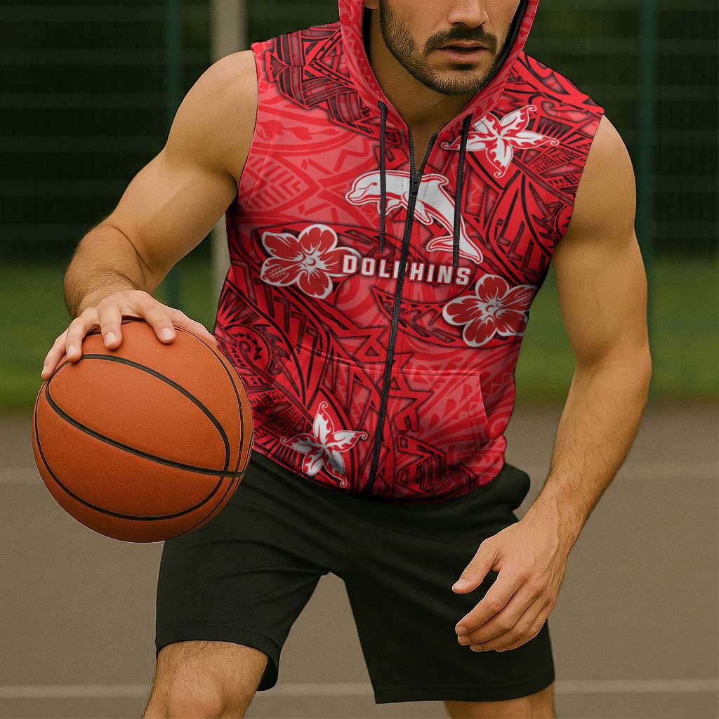 Personalised Dolphins Sleeveless Zip Hoodie Polynesian Tribal Pattern With Rugby Dolphin Mascot Art