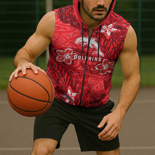 Personalised Dolphins Sleeveless Zip Hoodie Polynesian Tribal Pattern With Rugby Dolphin Mascot Art