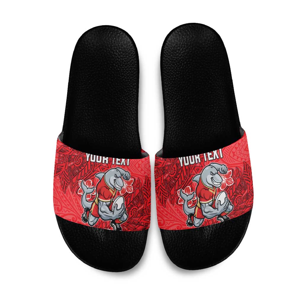Personalised Dolphins Slide Sandals Polynesian Tribal Pattern With Rugby Dolphin Mascot Art