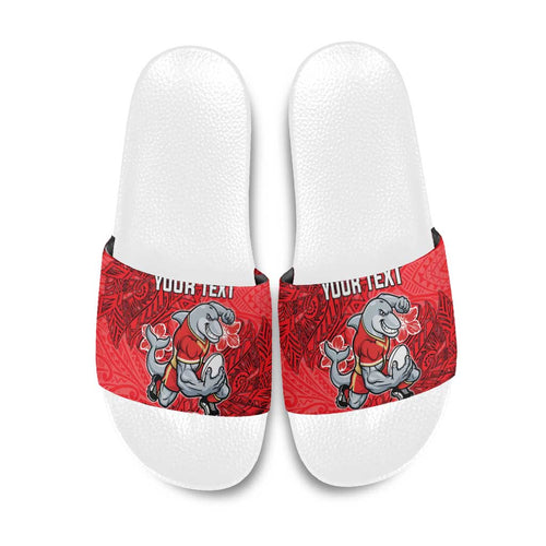 Personalised Dolphins Slide Sandals Polynesian Tribal Pattern With Rugby Dolphin Mascot Art