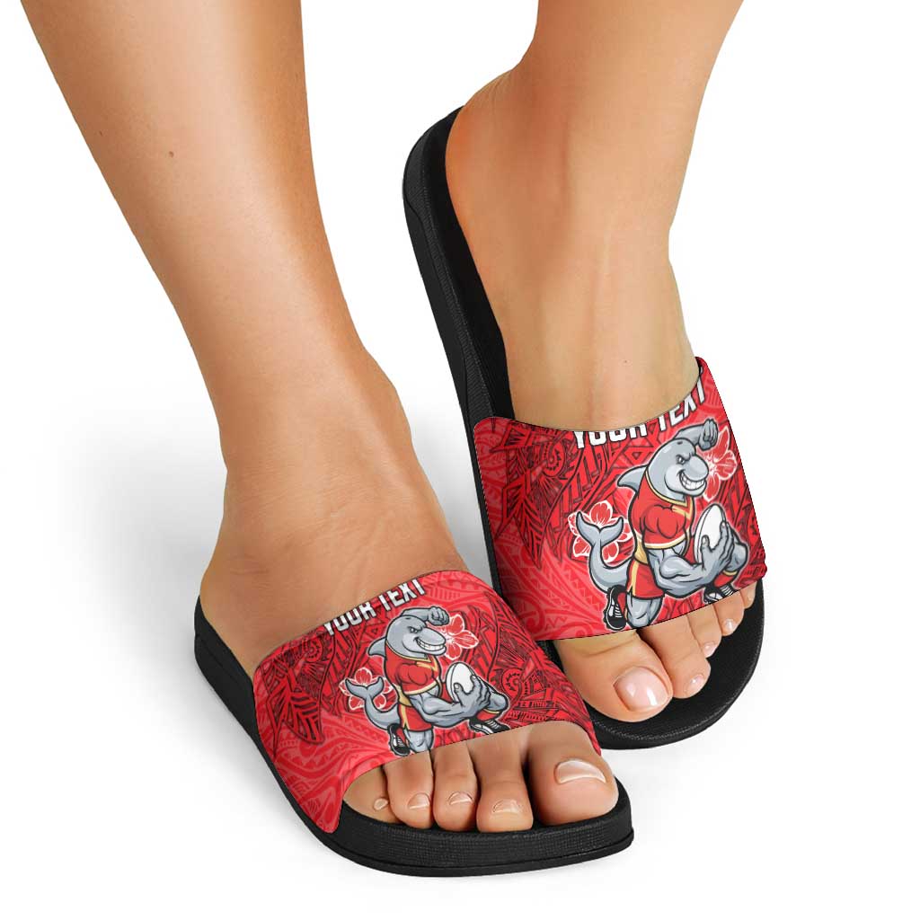 Personalised Dolphins Slide Sandals Polynesian Tribal Pattern With Rugby Dolphin Mascot Art