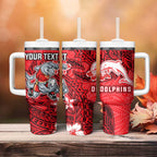 Personalised Dolphins Tumbler With Handle Polynesian Tribal Pattern With Rugby Dolphin Mascot Art