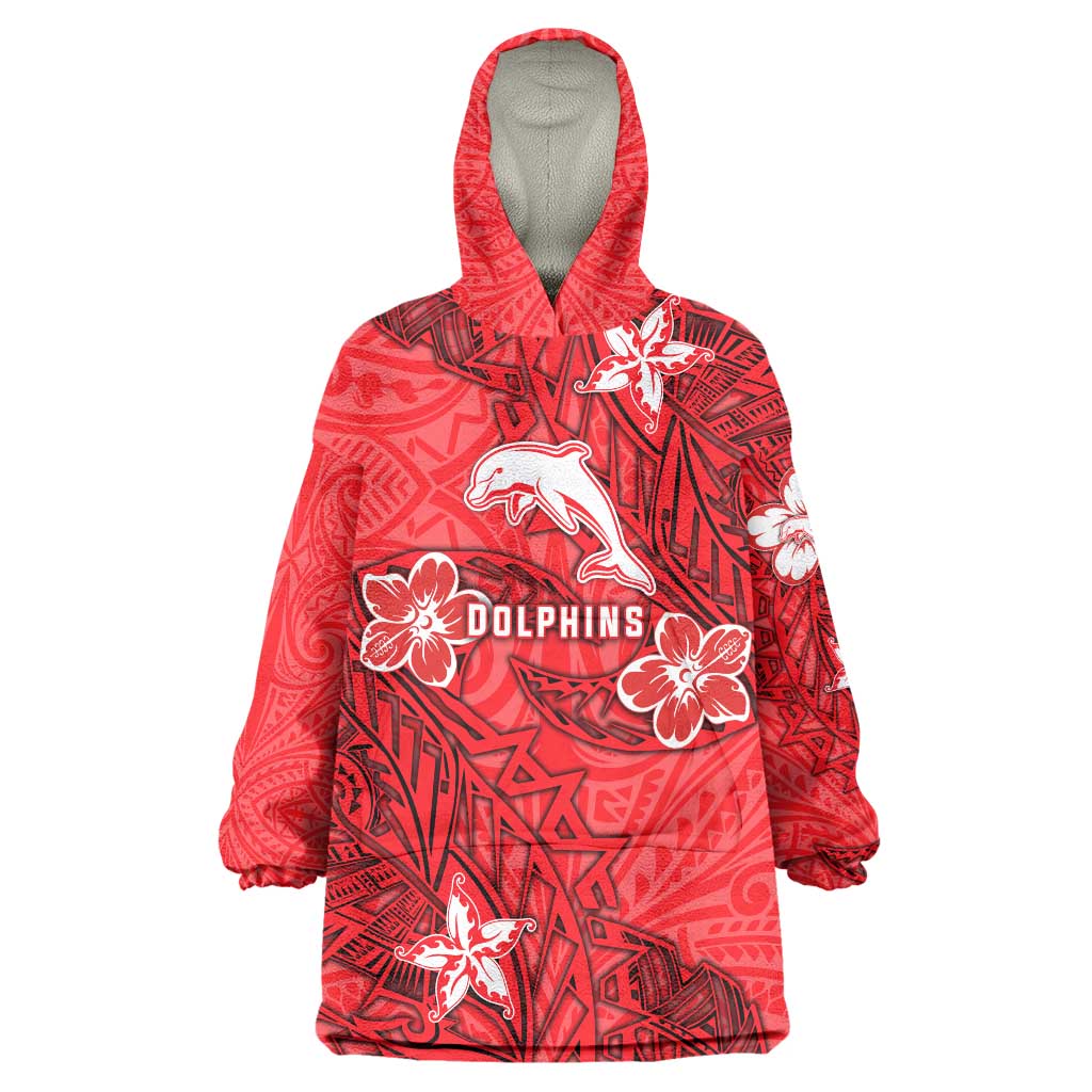 Personalised Dolphins Wearable Blanket Hoodie Polynesian Tribal Pattern With Rugby Dolphin Mascot Art