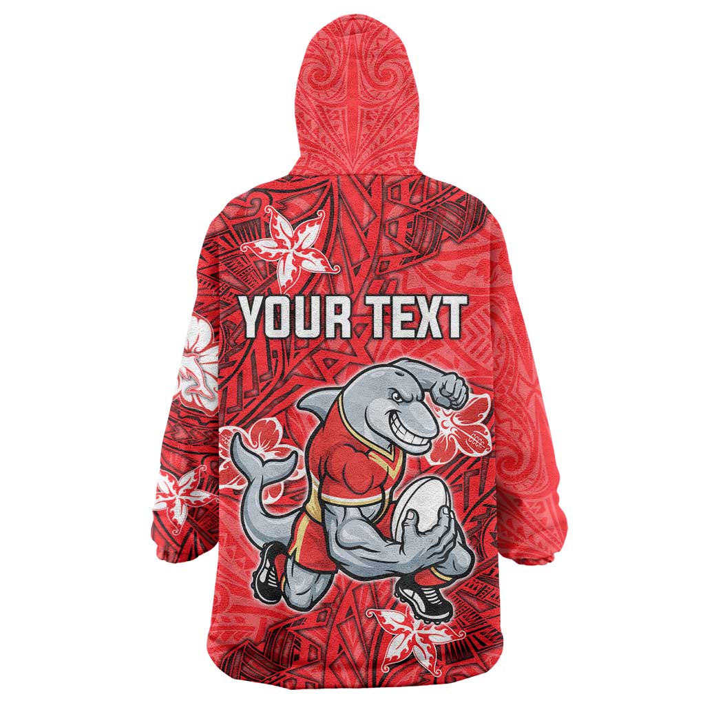 Personalised Dolphins Wearable Blanket Hoodie Polynesian Tribal Pattern With Rugby Dolphin Mascot Art