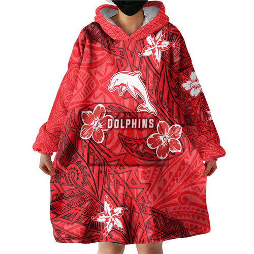 Personalised Dolphins Wearable Blanket Hoodie Polynesian Tribal Pattern With Rugby Dolphin Mascot Art