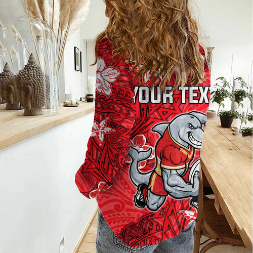 Personalised Dolphins Women Casual Shirt Polynesian Tribal Pattern With Rugby Dolphin Mascot Art