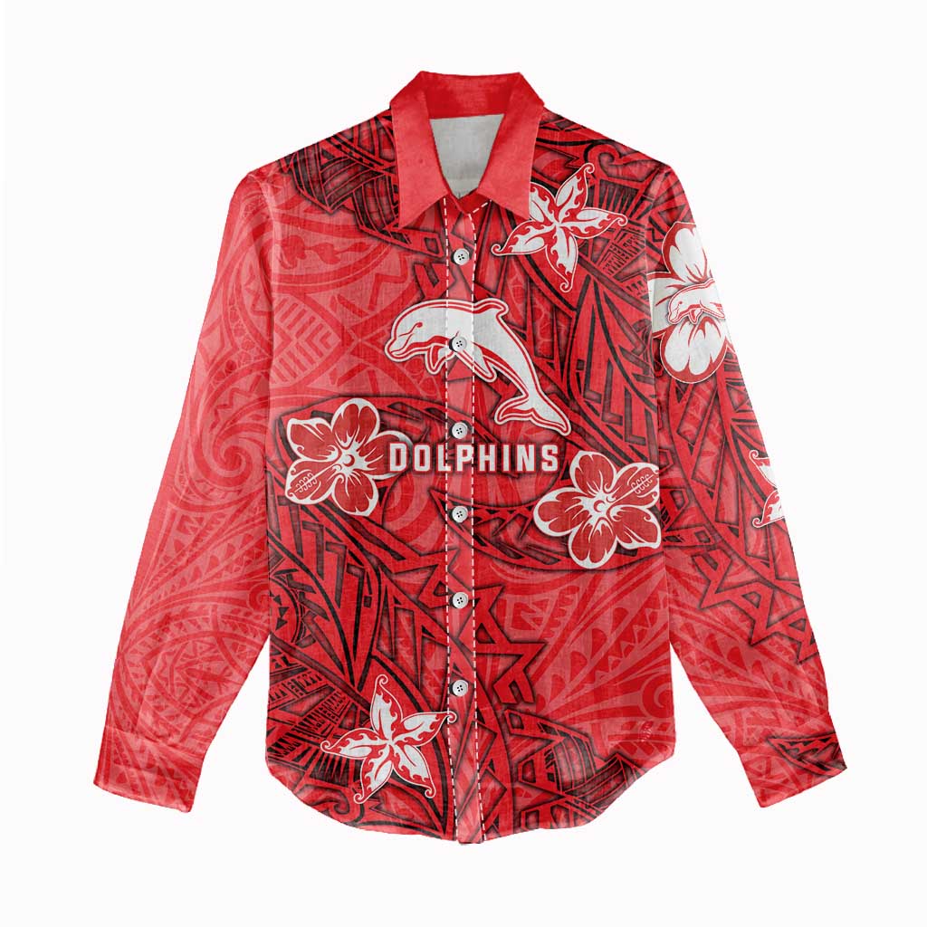 Personalised Dolphins Women Casual Shirt Polynesian Tribal Pattern With Rugby Dolphin Mascot Art