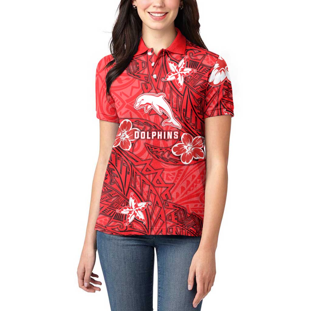 Personalised Dolphins Women Polo Shirt Polynesian Tribal Pattern With Rugby Dolphin Mascot Art