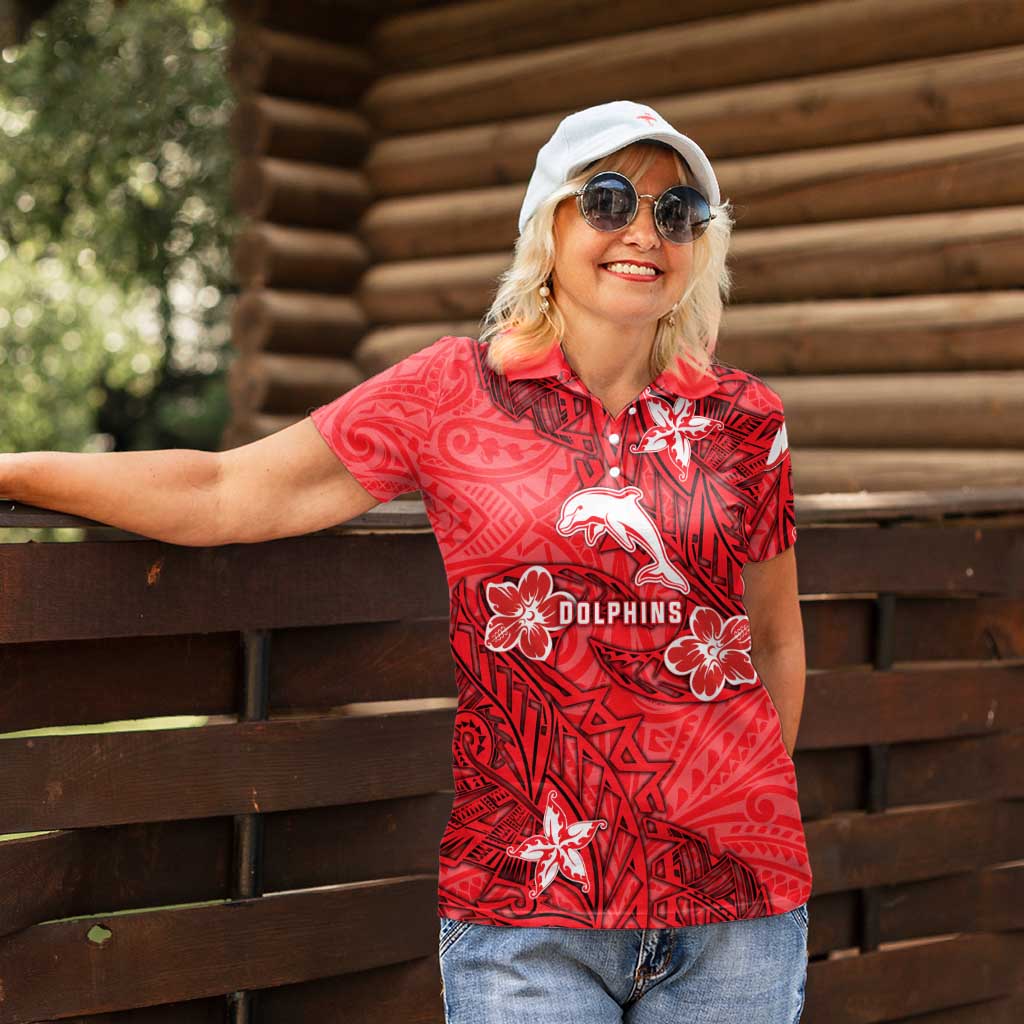 Personalised Dolphins Women Polo Shirt Polynesian Tribal Pattern With Rugby Dolphin Mascot Art