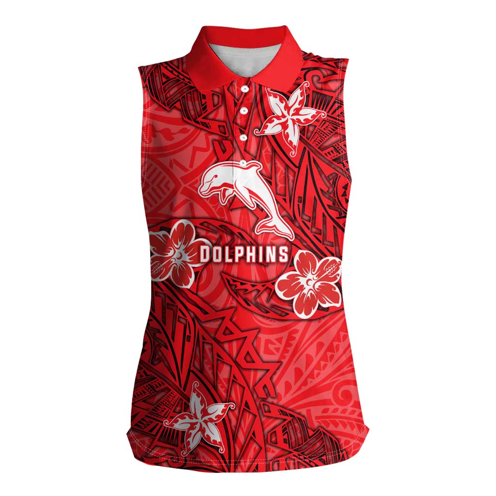 Personalised Dolphins Women Sleeveless Polo Shirt Polynesian Tribal Pattern With Rugby Dolphin Mascot Art