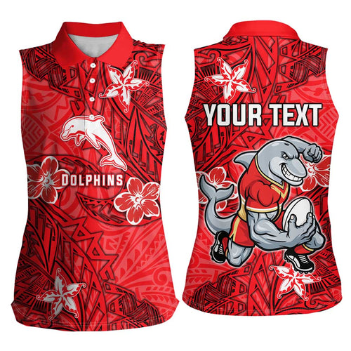 Personalised Dolphins Women Sleeveless Polo Shirt Polynesian Tribal Pattern With Rugby Dolphin Mascot Art