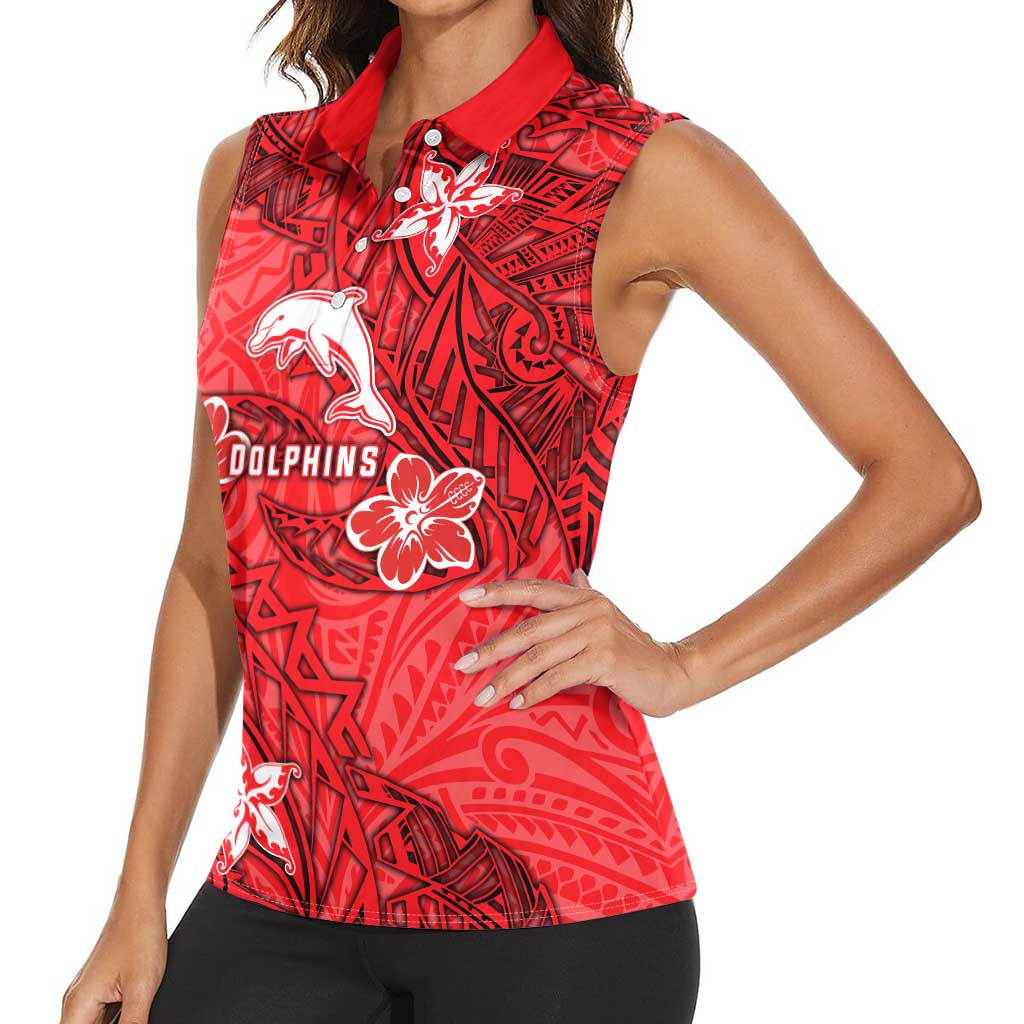 Personalised Dolphins Women Sleeveless Polo Shirt Polynesian Tribal Pattern With Rugby Dolphin Mascot Art