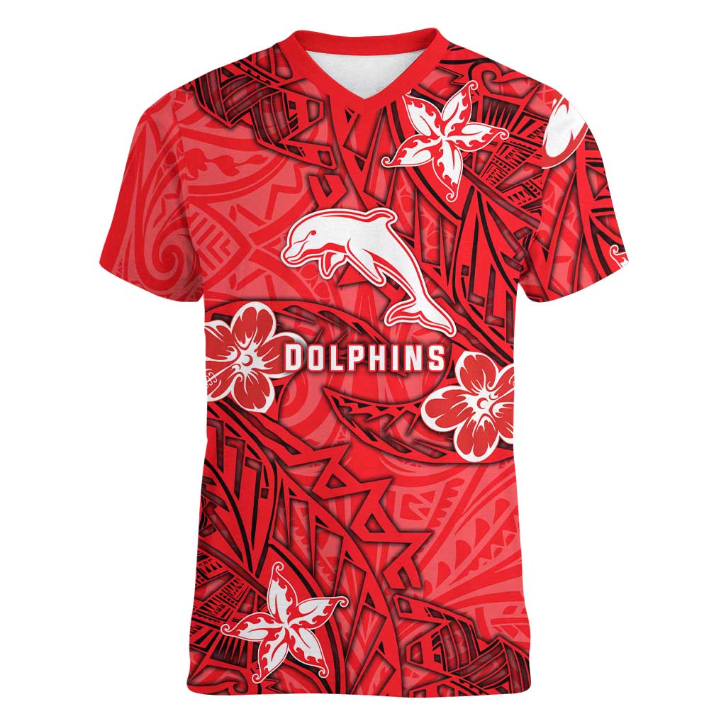 Personalised Dolphins Women V-Neck T-Shirt Polynesian Tribal Pattern With Rugby Dolphin Mascot Art