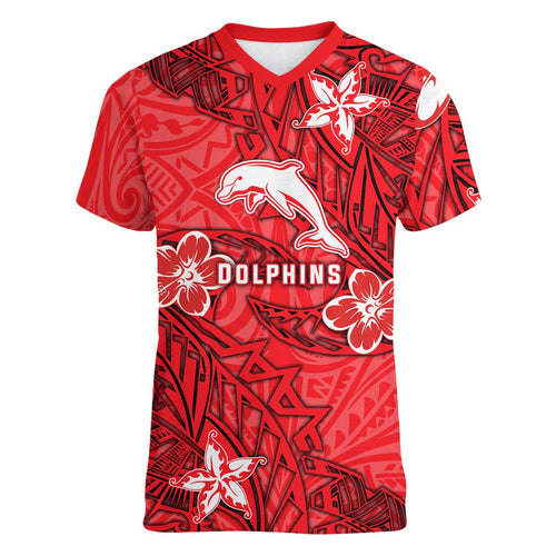 Personalised Dolphins Women V-Neck T-Shirt Polynesian Tribal Pattern With Rugby Dolphin Mascot Art