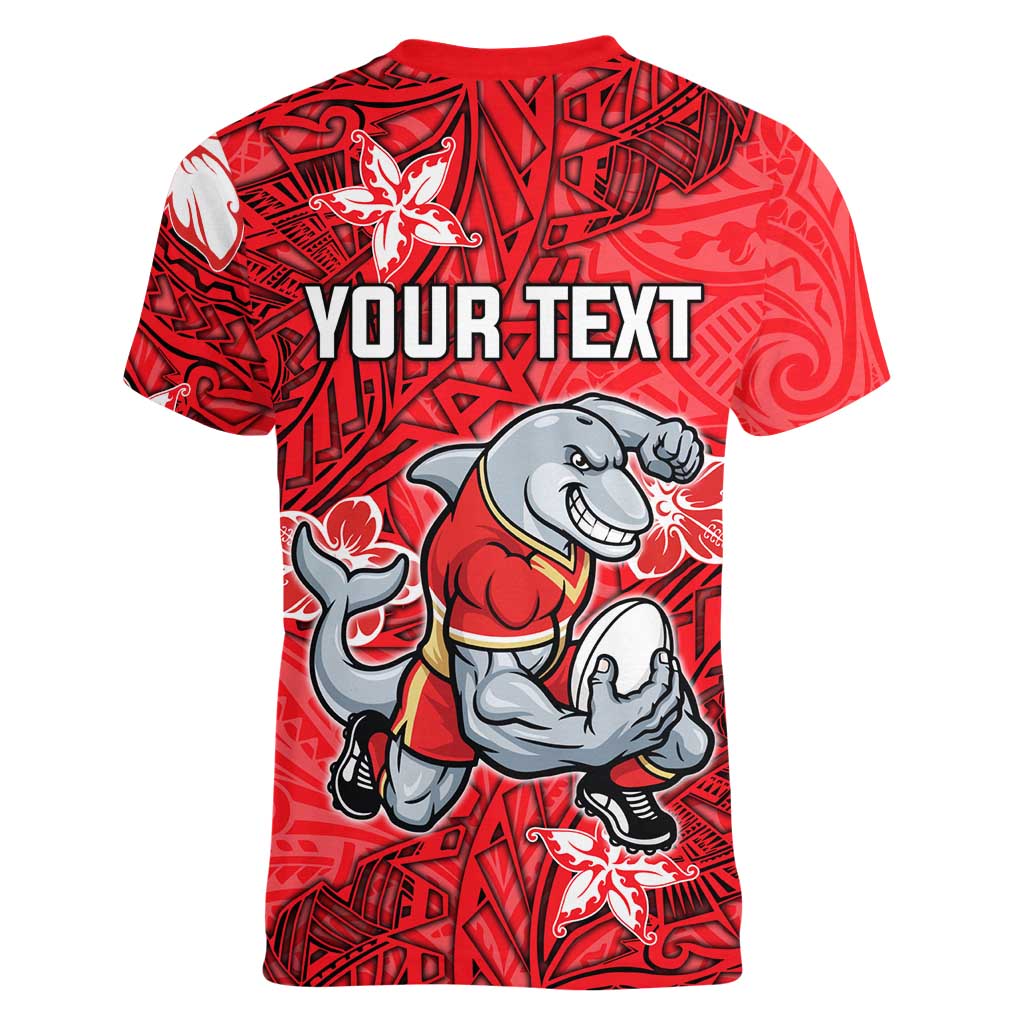 Personalised Dolphins Women V-Neck T-Shirt Polynesian Tribal Pattern With Rugby Dolphin Mascot Art