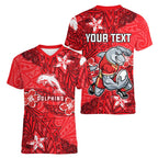 Personalised Dolphins Women V-Neck T-Shirt Polynesian Tribal Pattern With Rugby Dolphin Mascot Art