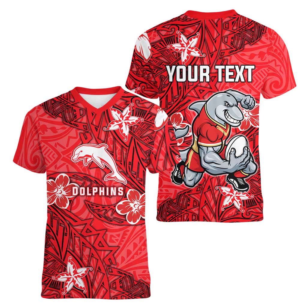 Personalised Dolphins Women V-Neck T-Shirt Polynesian Tribal Pattern With Rugby Dolphin Mascot Art