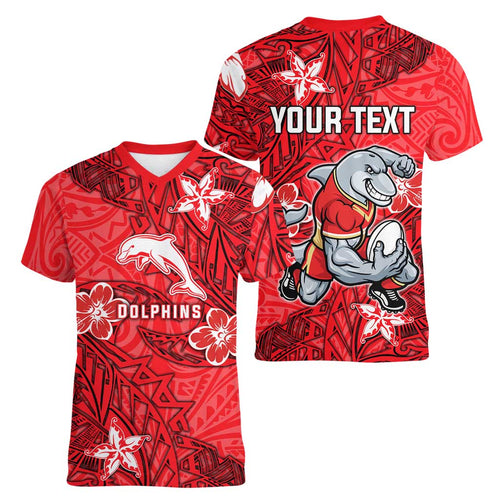 Personalised Dolphins Women V-Neck T-Shirt Polynesian Tribal Pattern With Rugby Dolphin Mascot Art