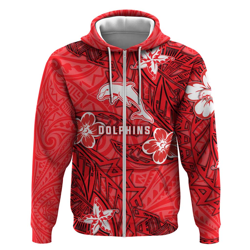 Personalised Dolphins Zip Hoodie Polynesian Tribal Pattern With Rugby Dolphin Mascot Art