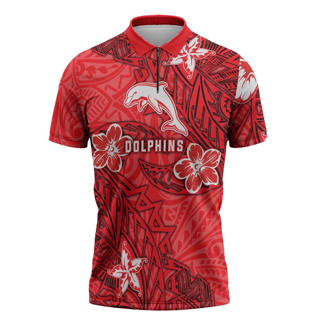 Personalised Dolphins Zipper Polo Shirt Polynesian Tribal Pattern With Rugby Dolphin Mascot Art