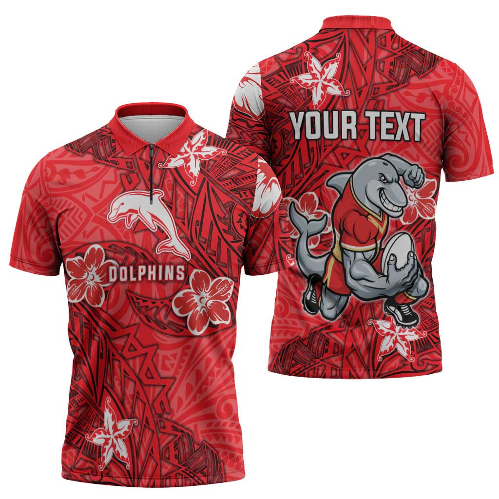 Personalised Dolphins Zipper Polo Shirt Polynesian Tribal Pattern With Rugby Dolphin Mascot Art