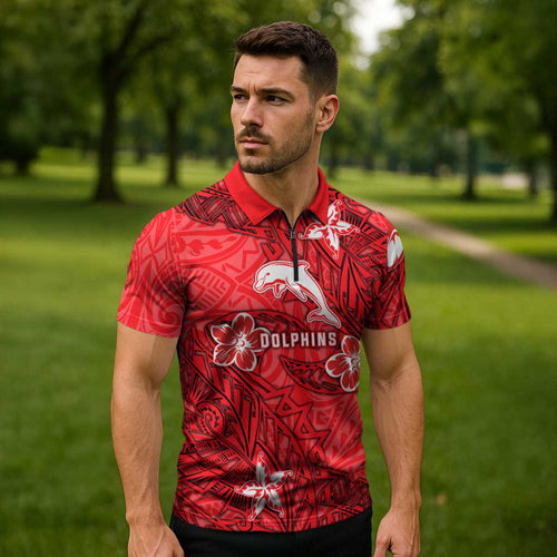 Personalised Dolphins Zipper Polo Shirt Polynesian Tribal Pattern With Rugby Dolphin Mascot Art