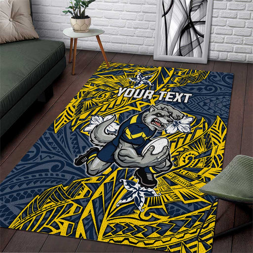 Personalised North Queensland Cowboys Area Rug Polynesian Tribal Pattern With Rugby Bull Mascot Art