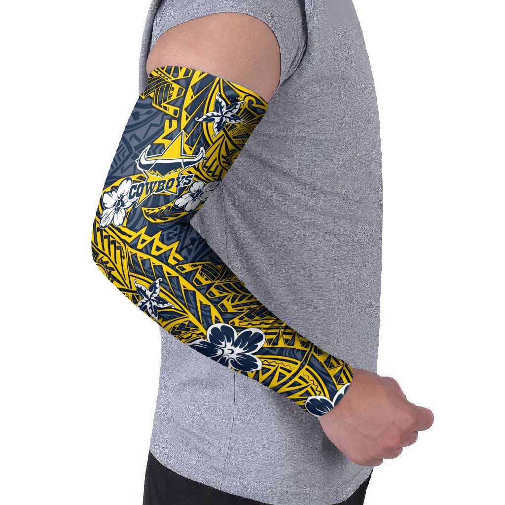 Personalised North Queensland Cowboys Arm Sleeves Polynesian Tribal Pattern With Rugby Bull Mascot Art