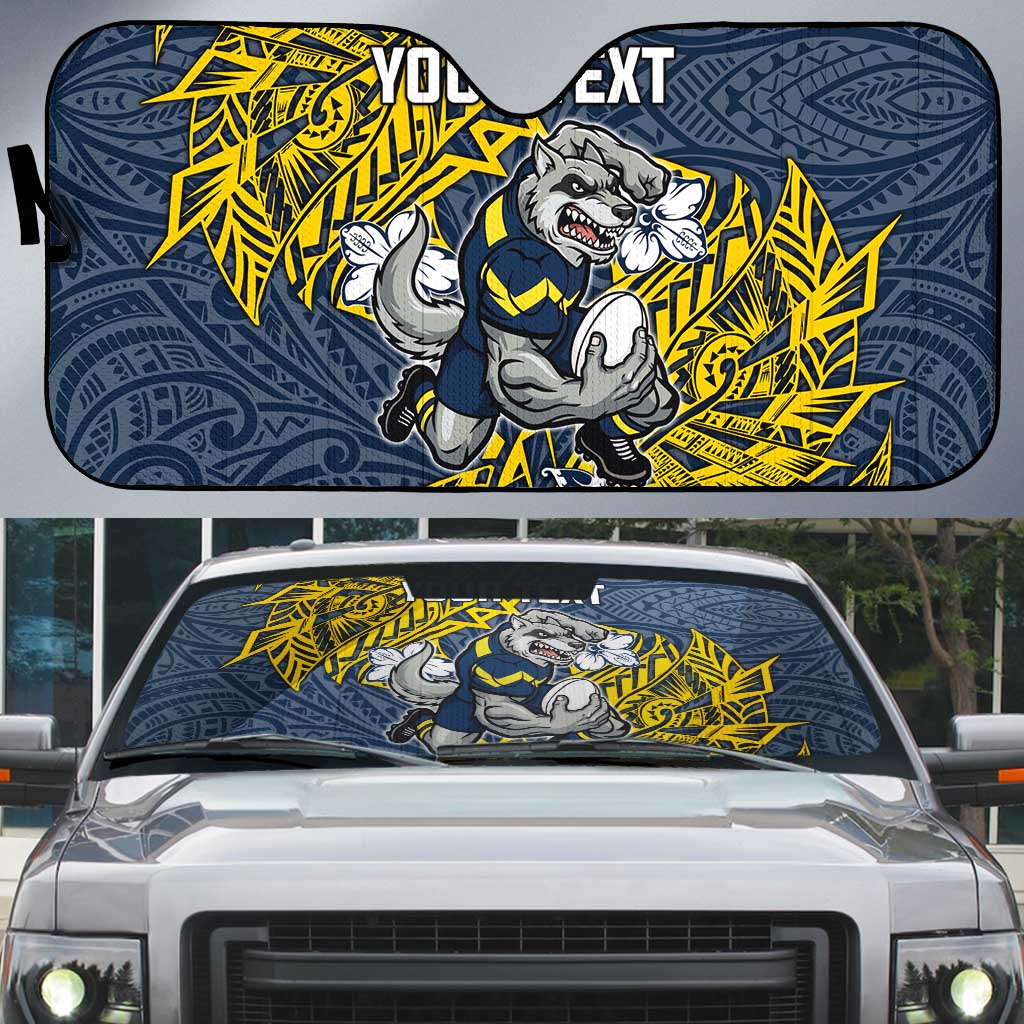 Personalised North Queensland Cowboys Auto Sun Shade Polynesian Tribal Pattern With Rugby Bull Mascot Art